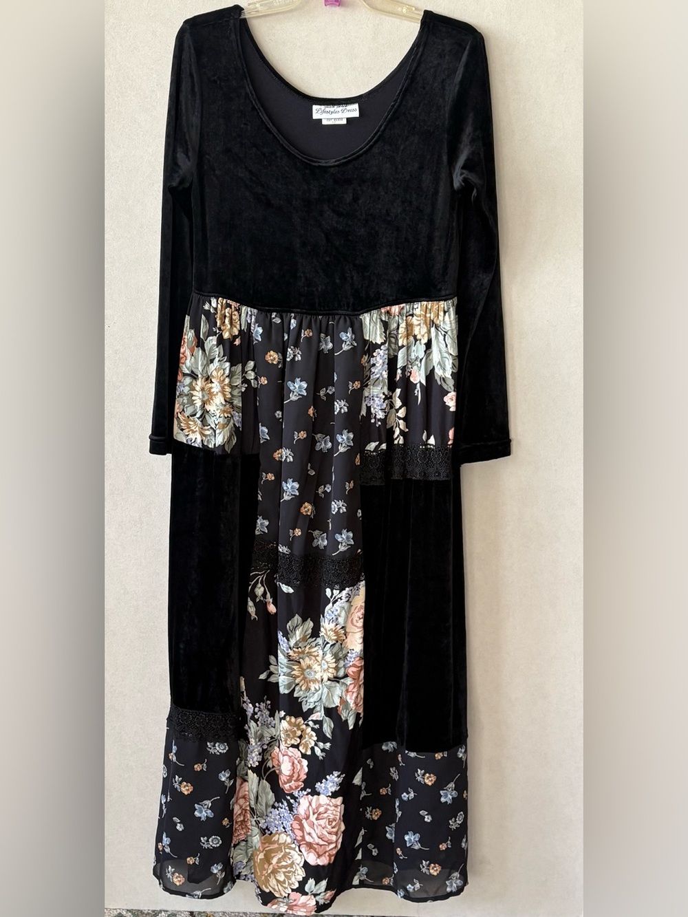 Black Velvet Floral Patchwork Boho Maxi Dress Sharon Anthony Lifestyles size 12